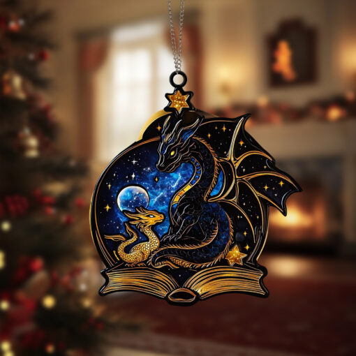 Black Dragon and Golden Baby Dragons Suncatcher Ornament Unique Fantasy Decor Perfect Gift for Dragon Lovers Beautiful Window Decoration for Home or Office, Black Dragon and Golden Baby Dragons Suncatcher Ornament