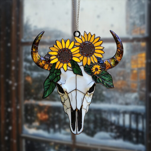 Longhorn Skull and Sunflowers Suncatcher Handcrafted Rustic Window Decor for Western and Nature Lovers, Rustic Western Decor