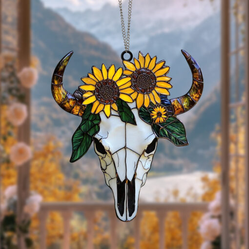 Longhorn Skull and Sunflowers Suncatcher Handcrafted Rustic Window Decor for Western and Nature Lovers, Rustic Western Decor