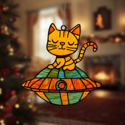 Cat Hanging UFO Suncatcher Whimsical Handcrafted Window Decor for Cat Lovers and Space Enthusiasts, Handmade Cat Hanging UFO Suncatcher