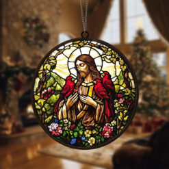 Jesus Holding Red Cardinals Suncatcher Handcrafted Religious and Nature Inspired Window Decor, Handmade Jesus and Red Cardinals Suncatcher