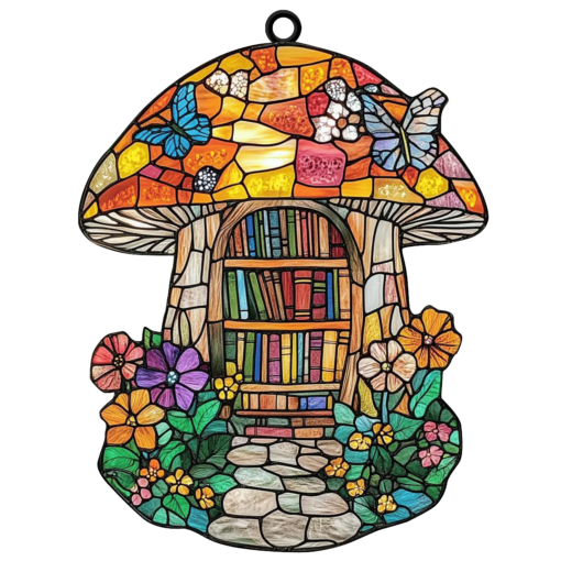 Mushroom and Books Suncatcher Handcrafted Nature and Book Lover Window Decor, Whimsical Decor for Book Lovers