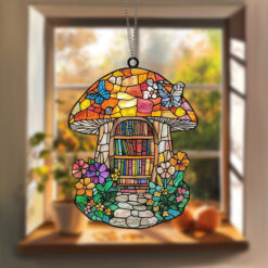 Mushroom and Books Suncatcher Handcrafted Nature and Book Lover Window Decor, Whimsical Decor for Book Lovers