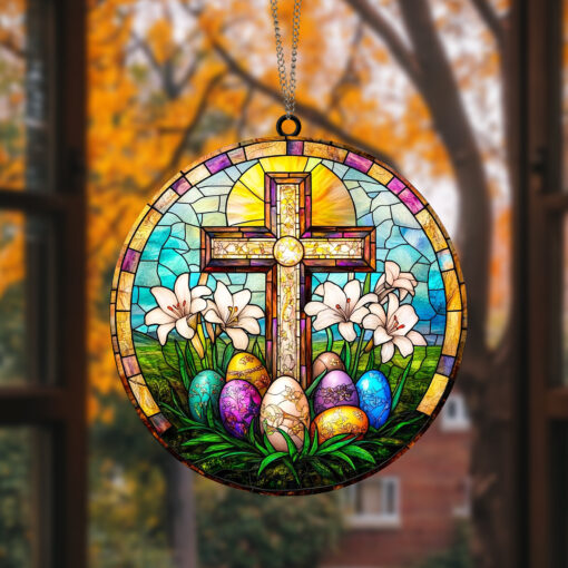 Easter Cross Suncatcher Handmade Religious Window Decor Unique Gift for Spiritual and Easter Celebrations, Handmade Easter Cross Suncatcher