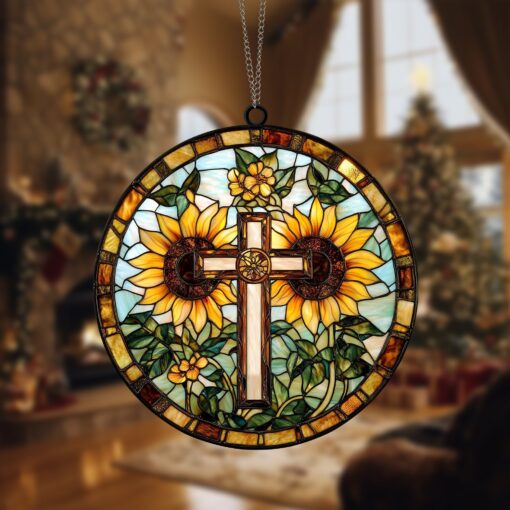 Cross and Sunflower Suncatcher Handmade Religious Window Decor Unique Gift for Nature and Faith Lovers, Faith Inspired Window Art