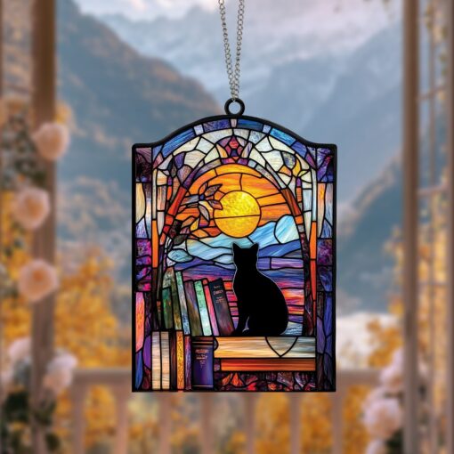 Cat and Book Suncatcher Handmade Whimsical Window Decor Unique Gift for Book Lovers and Cat Enthusiasts, Handmade Cat and Book Suncatcher
