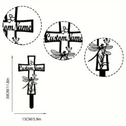 Dragonfly Memorial Cross Metal Garden Sign for Outdoor Decor Durable Weatherproof Decoration for Memorial Gardens and Loved Ones, Honor your loved ones with this dragonfly memorial cross metal garden sign
